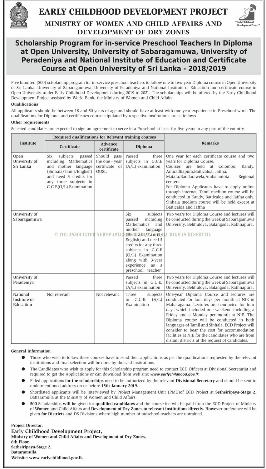 Diploma in Preschool Teachers - Ministry of Women & Child Affairs & Development of Dry Zones